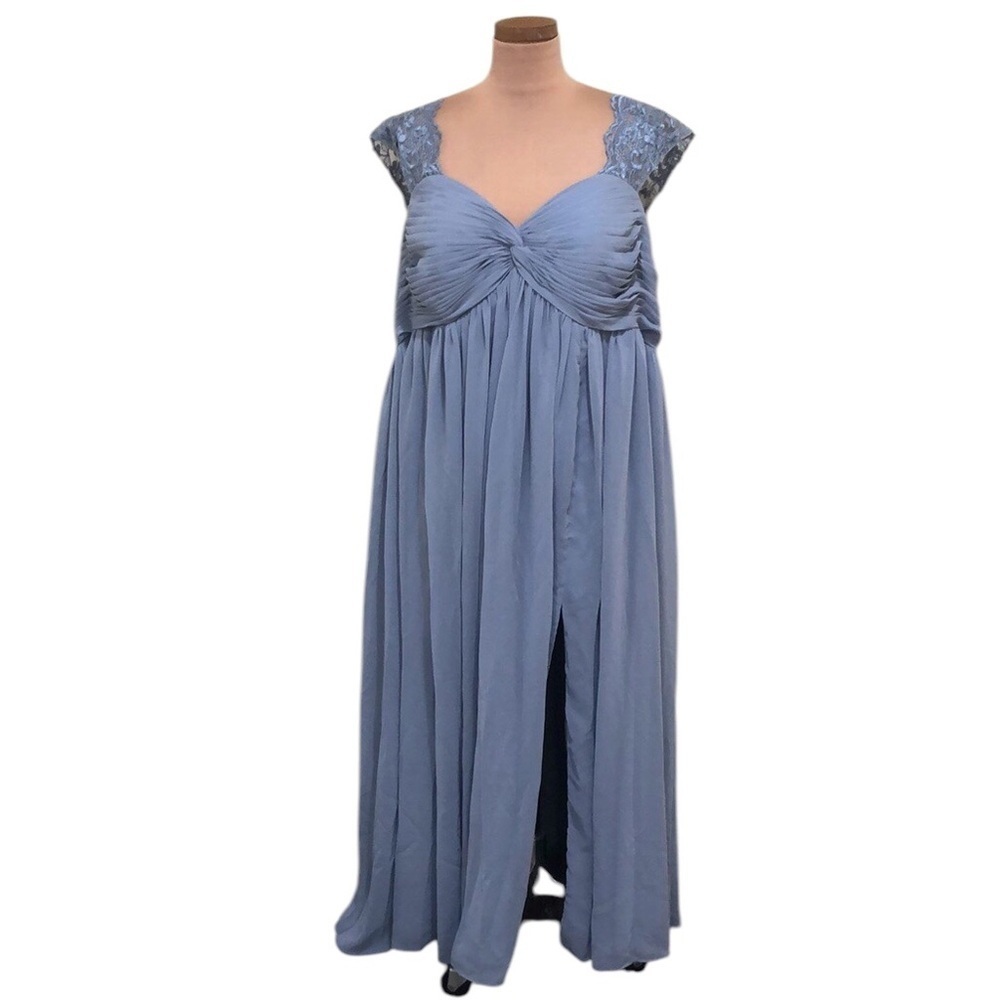 Azazie Formal Maxi Dress Size 14P Blue Floral Lace Gown